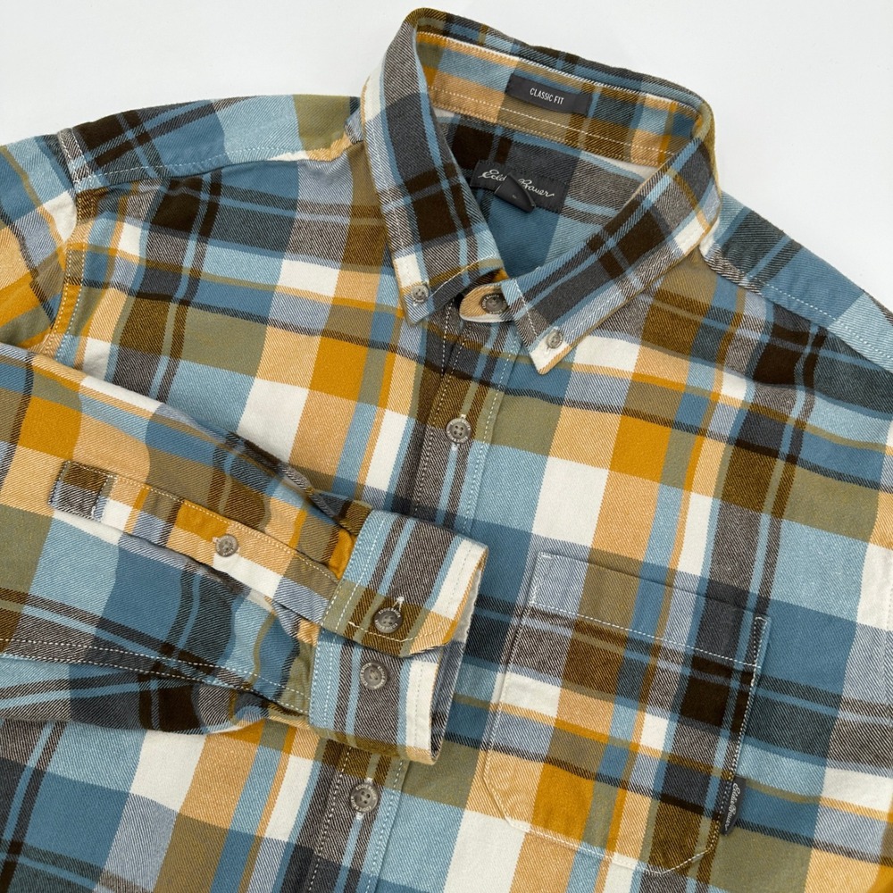 Eddie Bauer Mens Large Classic Fit Plaid Flannel Shirt Blue Yellow Large Outdoor